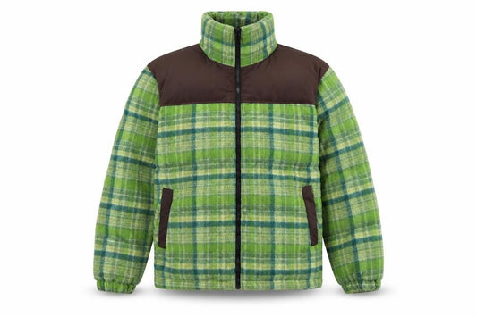 Front view of NECYSTUDIO Men's Green Check Puffer Jacket, size S, Full Zip Winter Coat
