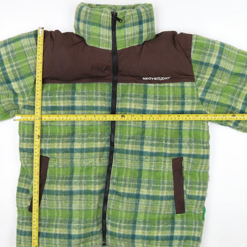 NECYSTUDIO Men's Green Check Puffer Jacket Size S Full Zip Winter Coat