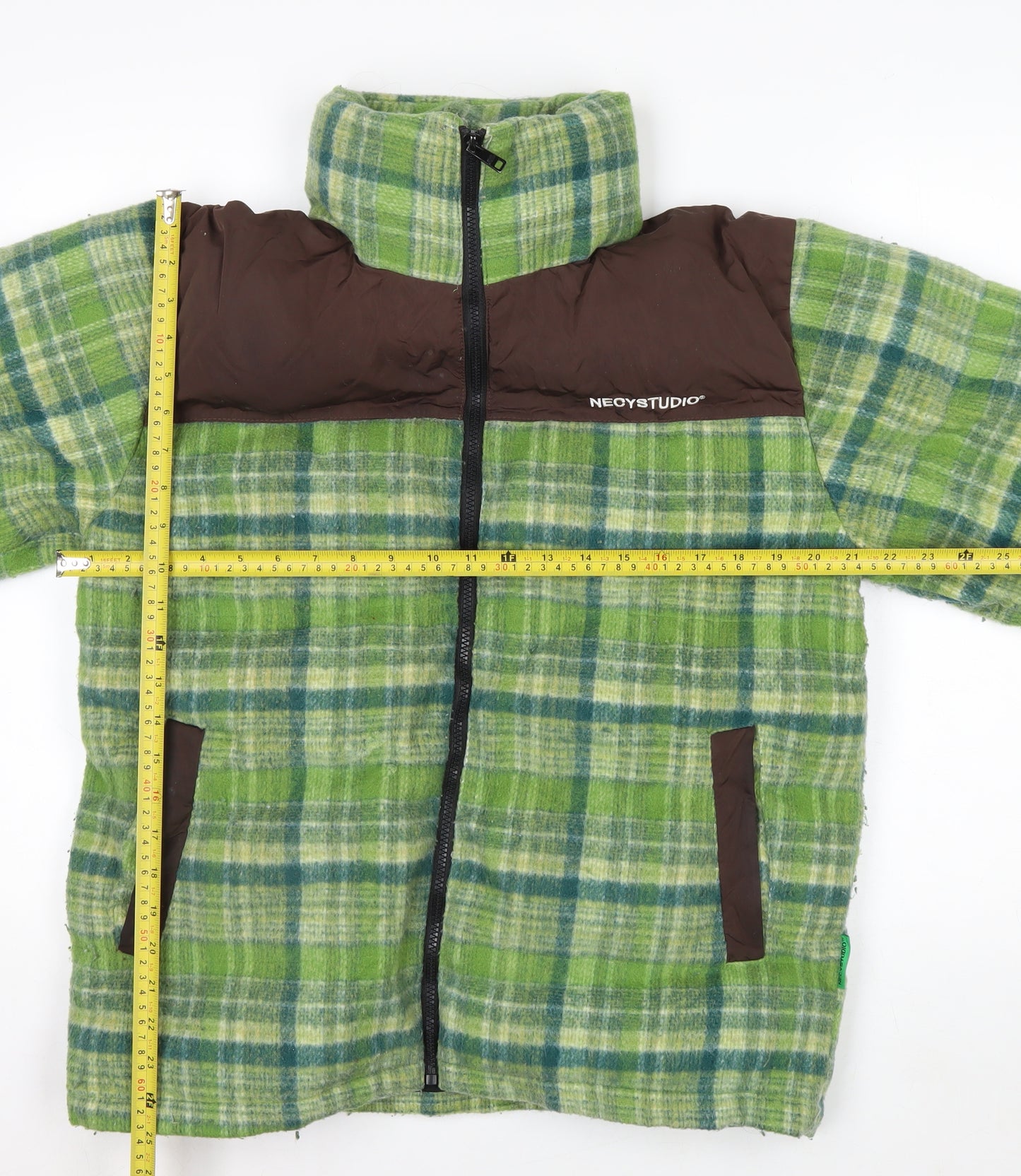 NECYSTUDIO Men's Green Check Puffer Jacket Size S Full Zip Winter Coat