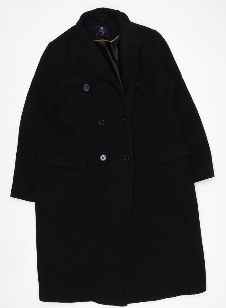 Marks and Spencer Womens Black Wool Cashmere Coat Size 16 Long Overcoat