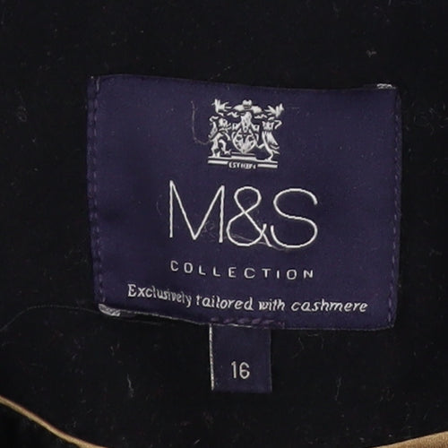 Marks and Spencer Womens Black Wool Cashmere Coat Size 16 Long Overcoat