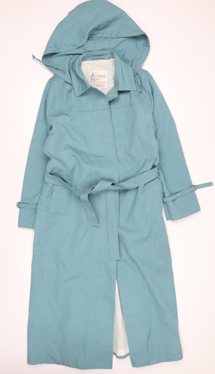 London Fog Women Blue Long Hooded Belted Trench Coat M