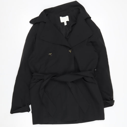 H&M Women Black XS Belted Trench Coat Polyester Classic Style