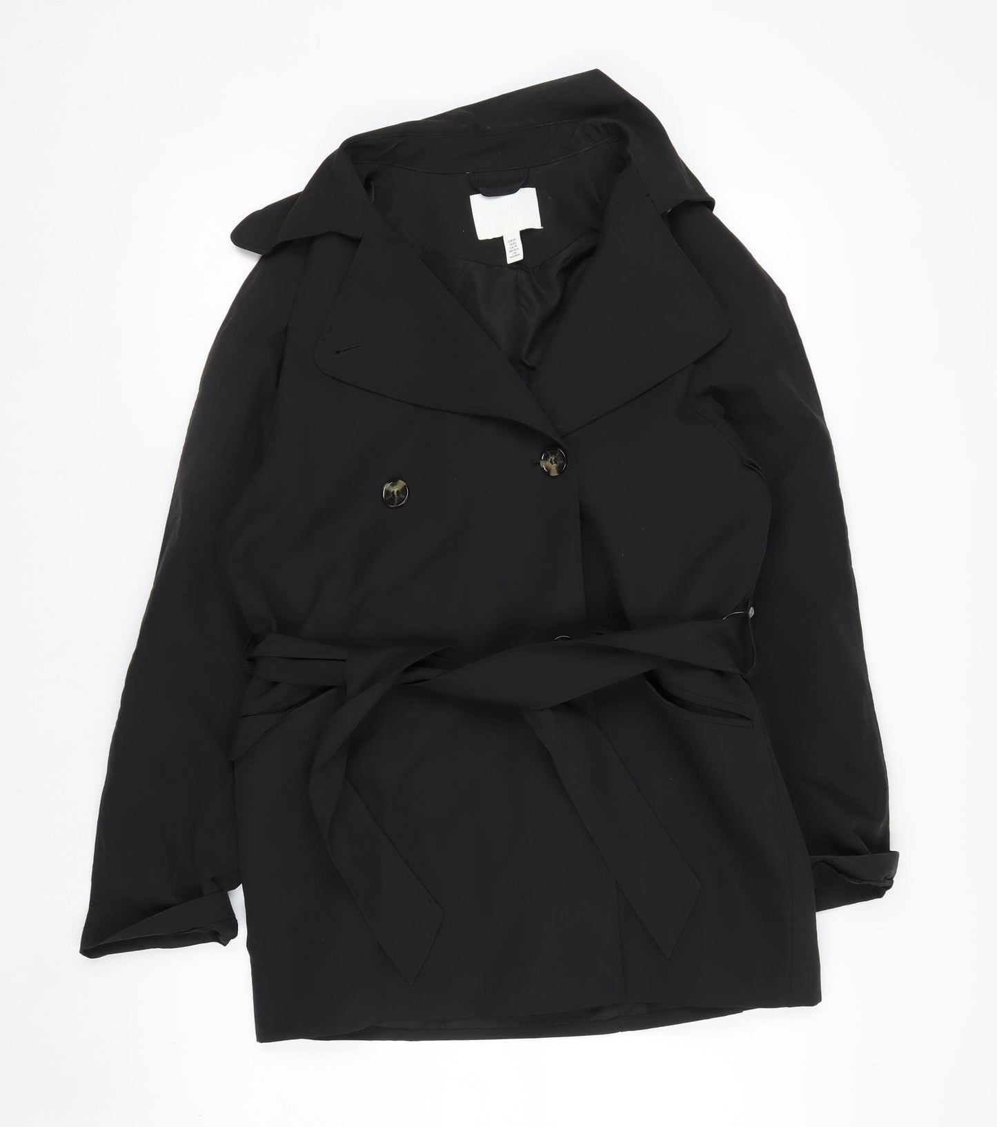H&M Women Black XS Belted Trench Coat Polyester Classic Style