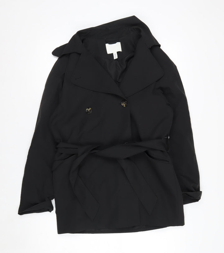 H&M Women Black XS Belted Trench Coat Polyester Classic Style