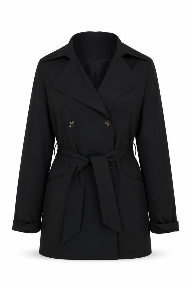 H&M Women Black XS Belted Trench Coat Polyester Classic Style
