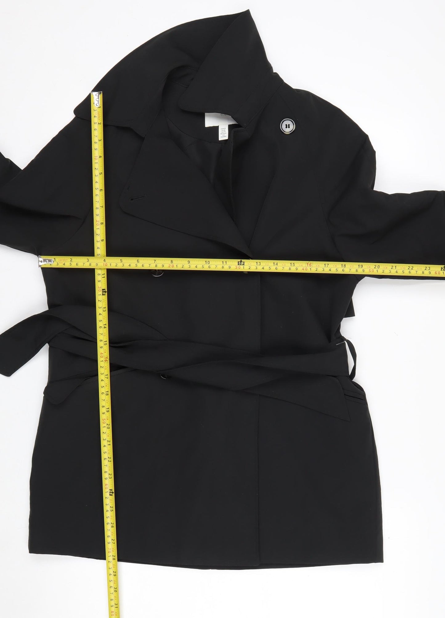 H&M Women Black XS Belted Trench Coat Polyester Classic Style
