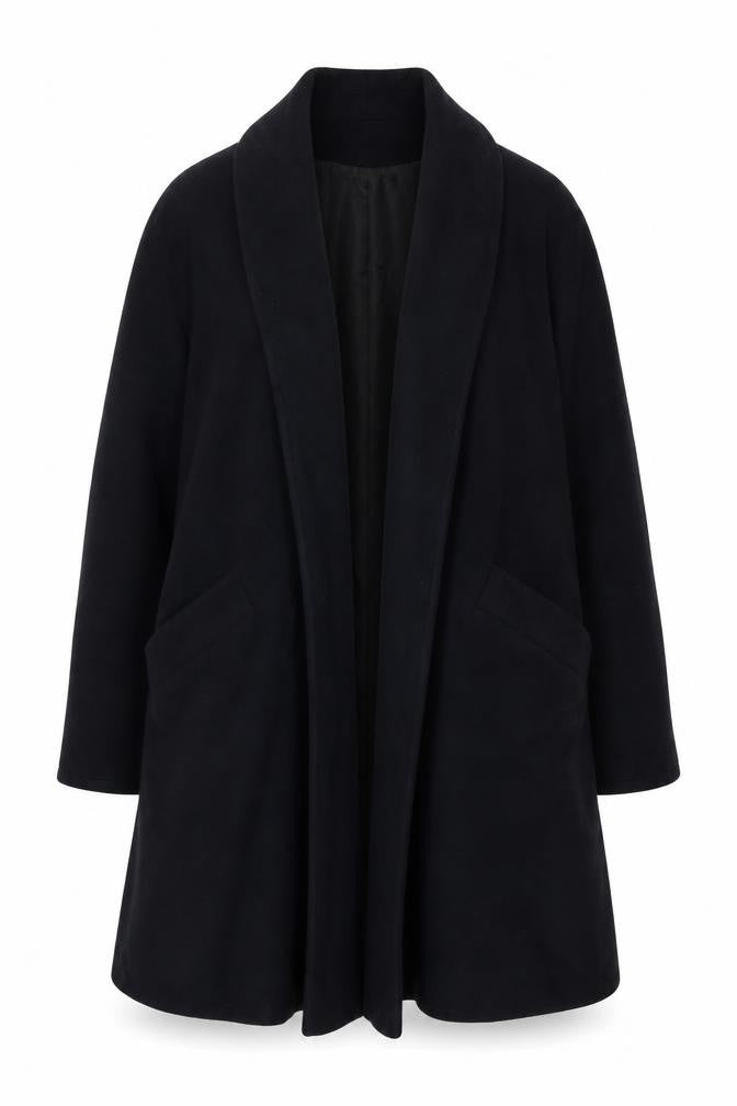 Front view of Anne Klein Women’s Black Wool Long Overcoat, size UK 12, Lined Classic