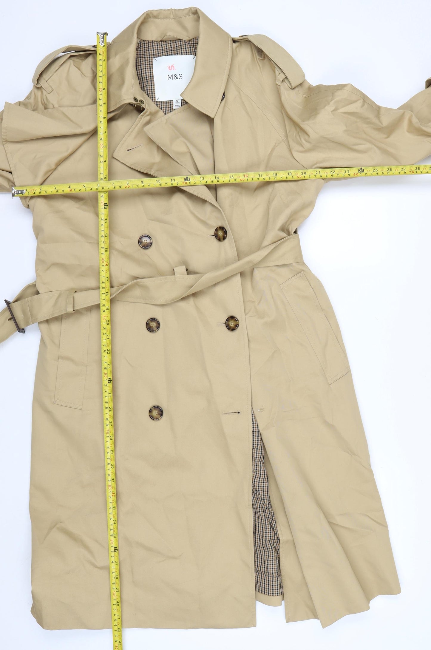 Marks and Spencer Women's Beige Trench Coat Size 12 Petite Cotton Belted