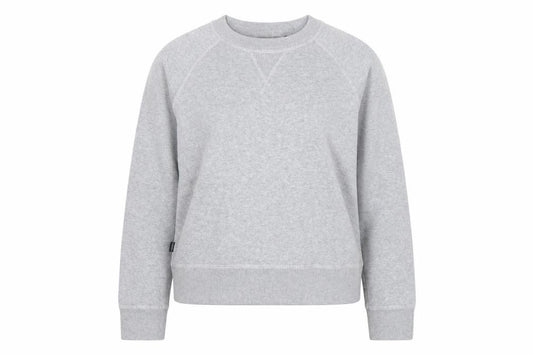 Front view of Superdry Studios women’s grey pullover sweatshirt, size UK 8, crew neck