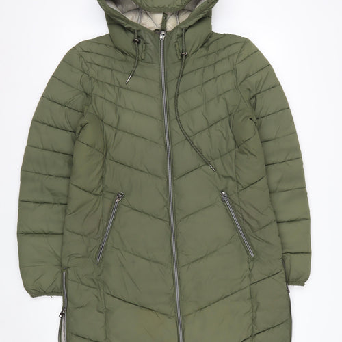 EDC Women's Green Long Hooded Puffer Jacket L Lightweight Quilted Coat