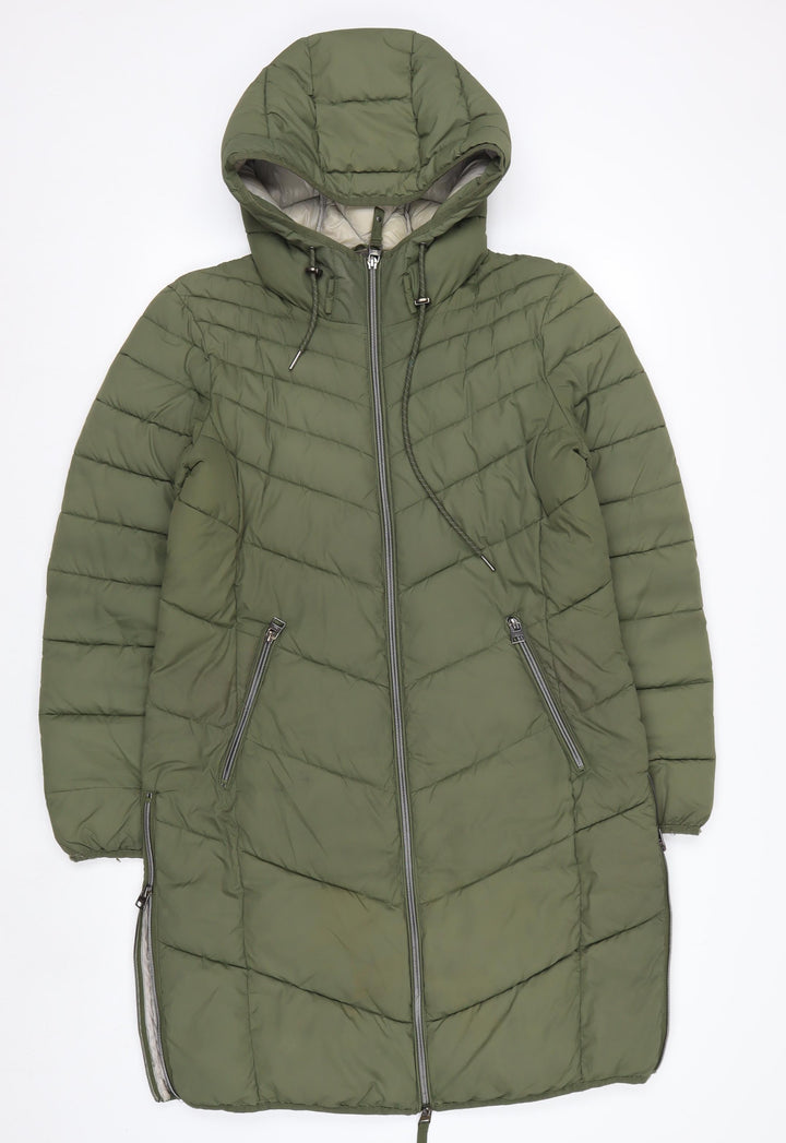 EDC Women's Green Long Hooded Puffer Jacket L Lightweight Quilted Coat