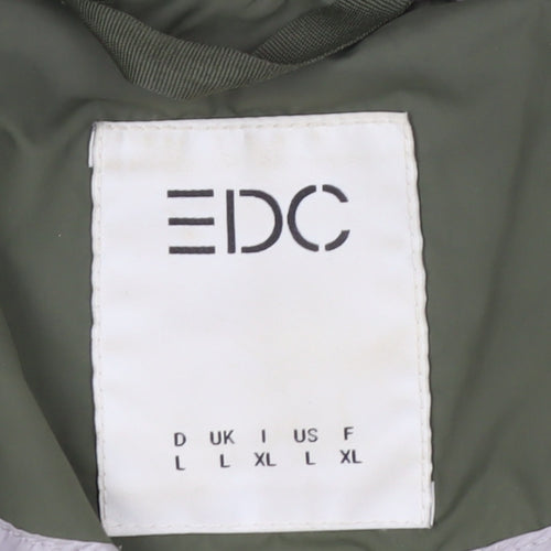 EDC Women's Green Long Hooded Puffer Jacket L Lightweight Quilted Coat