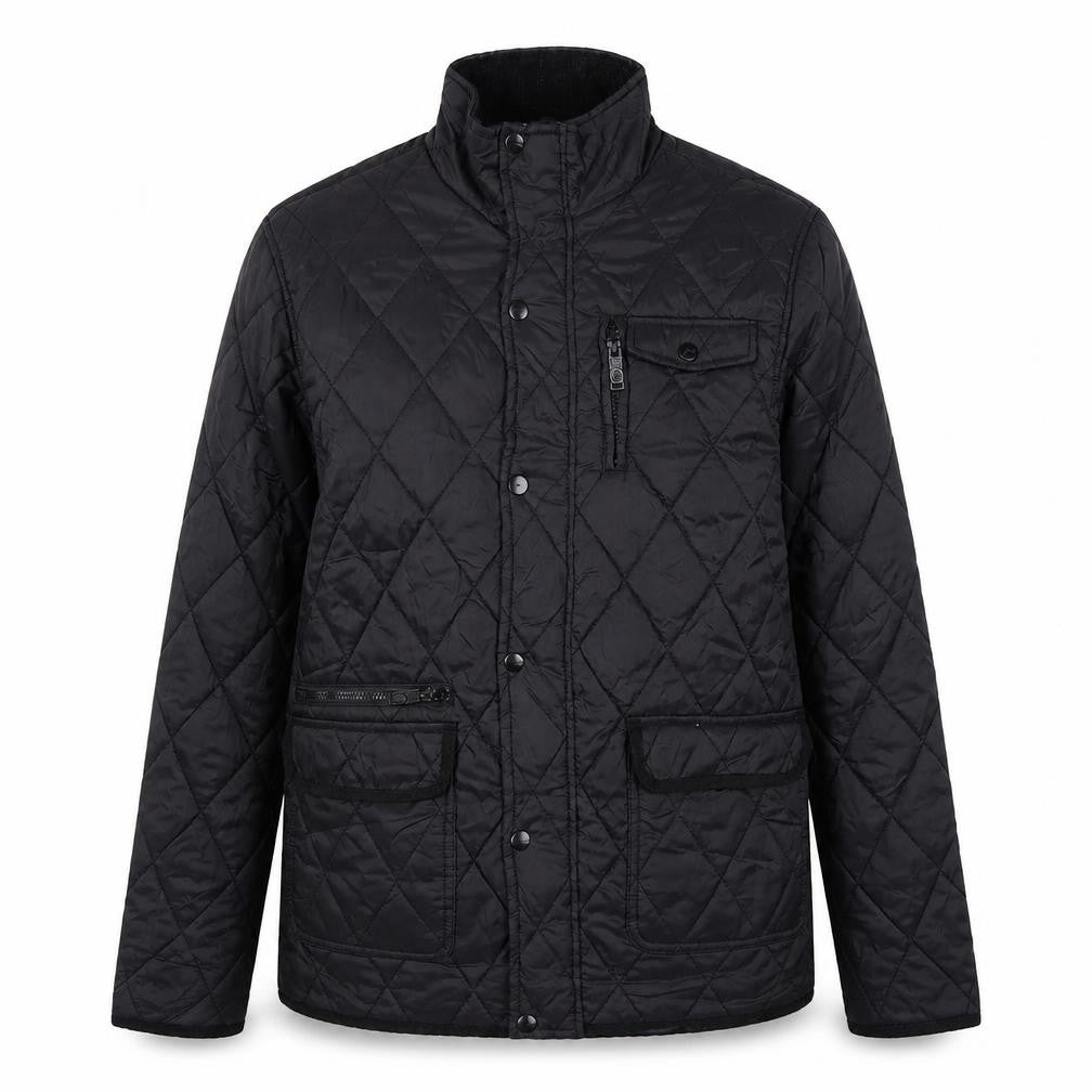 Front view of Peacocks Men's Black Quilted Mid-Length Jacket, size M