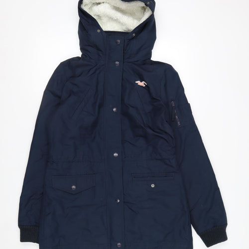 Hollister Womens Navy All-Weather Parka Jacket M Hooded Lined Waterproof