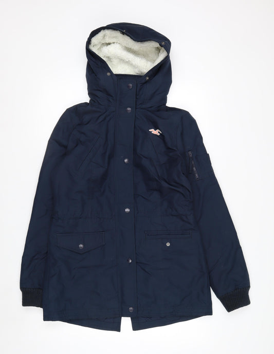 Hollister Womens Navy All-Weather Parka Jacket M Hooded Lined Waterproof