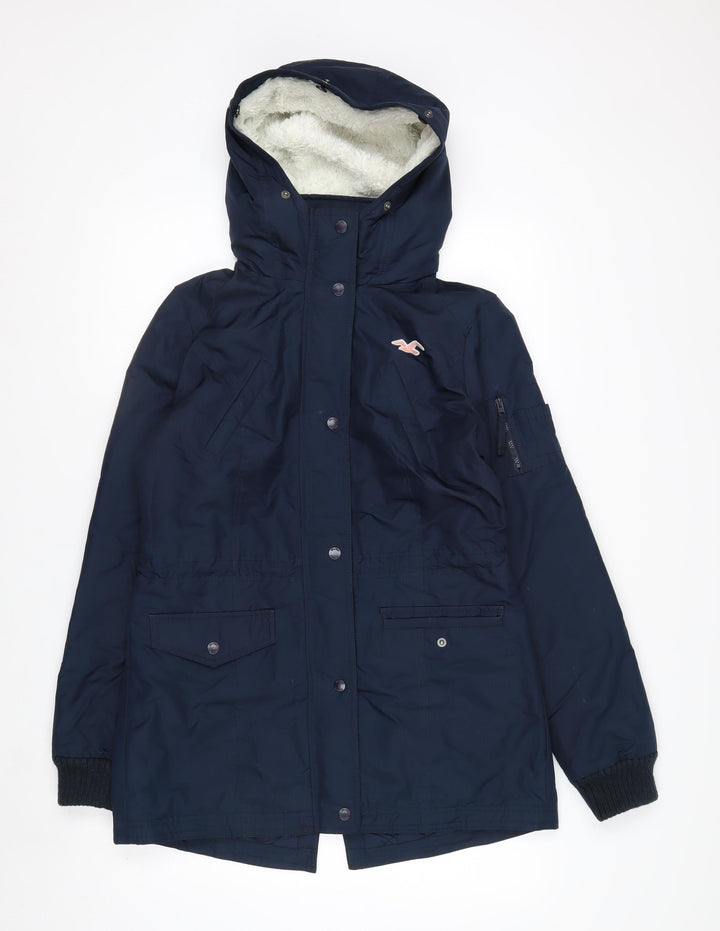 Hollister Womens Navy All-Weather Parka Jacket M Hooded Lined Waterproof