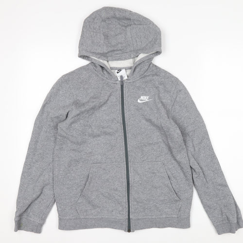 Nike Boys Grey Full Zip Hoodie Size 147-158cm Cotton Blend Sportswear