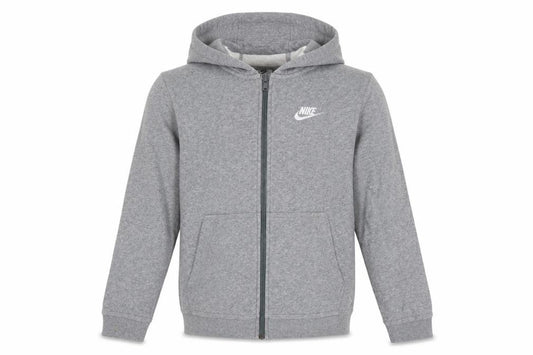 Front view of Nike boys’ grey full zip hoodie, size 147-158cm cotton blend sportswear
