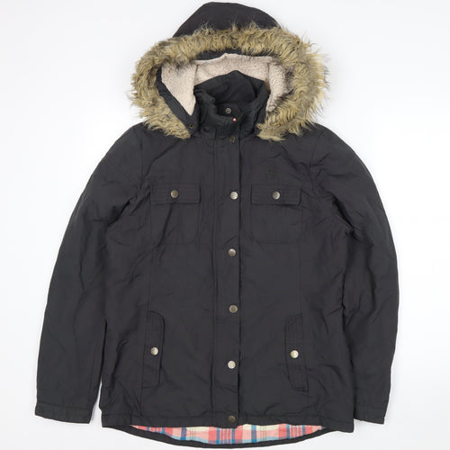 Fat Face Women's Black Faux Fur Hooded Parka Jacket Size 12