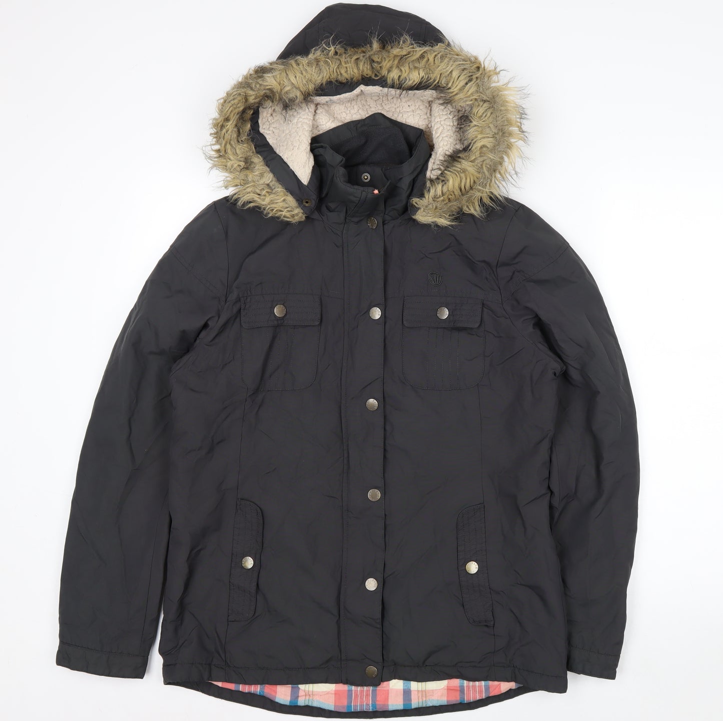Fat Face Women's Black Faux Fur Hooded Parka Jacket Size 12