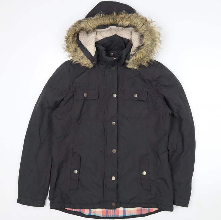 Fat Face Women's Black Faux Fur Hooded Parka Jacket Size 12
