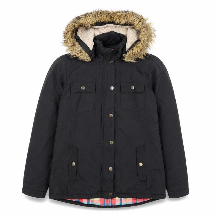 FatFace Women's Black Faux Fur Hooded Parka Jacket Size 12