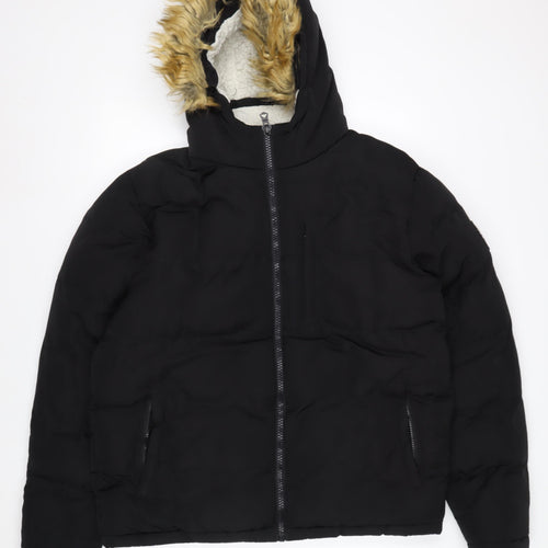 SoulCal & Co Men's Black L Hooded Puffer Jacket with Fur Trim