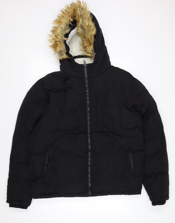 SoulCal & Co Men's Black L Hooded Puffer Jacket with Fur Trim
