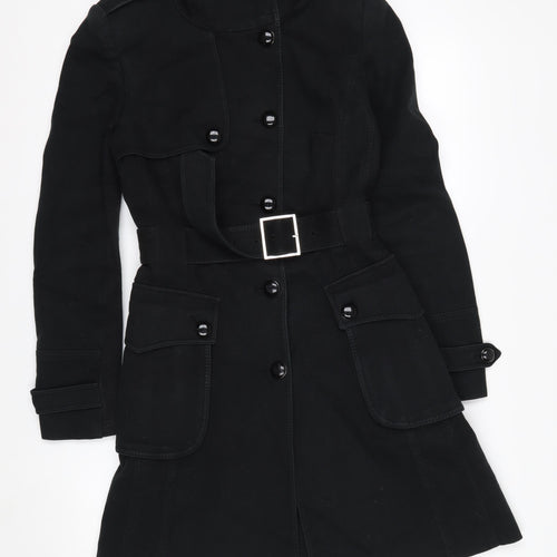 Karen Millen Women's Black Trench Coat Size 10 Belted Long Twill Jacket