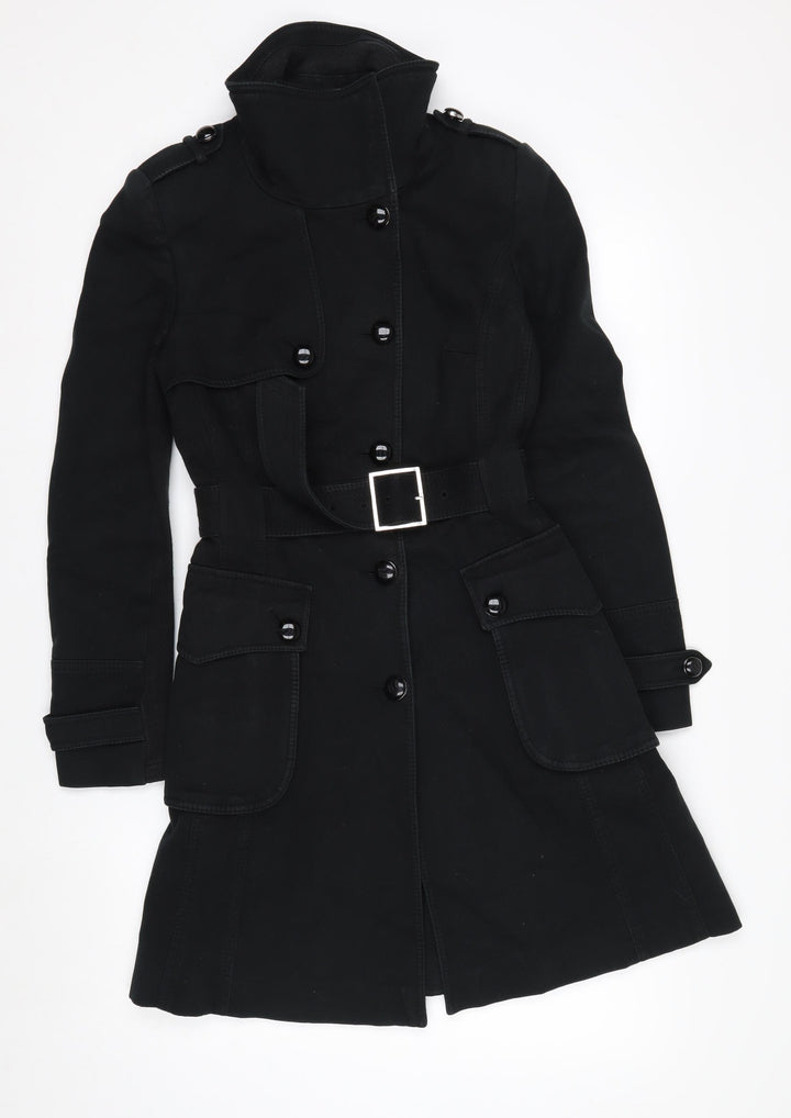 Karen Millen Women's Black Trench Coat Size 10 Belted Long Twill Jacket