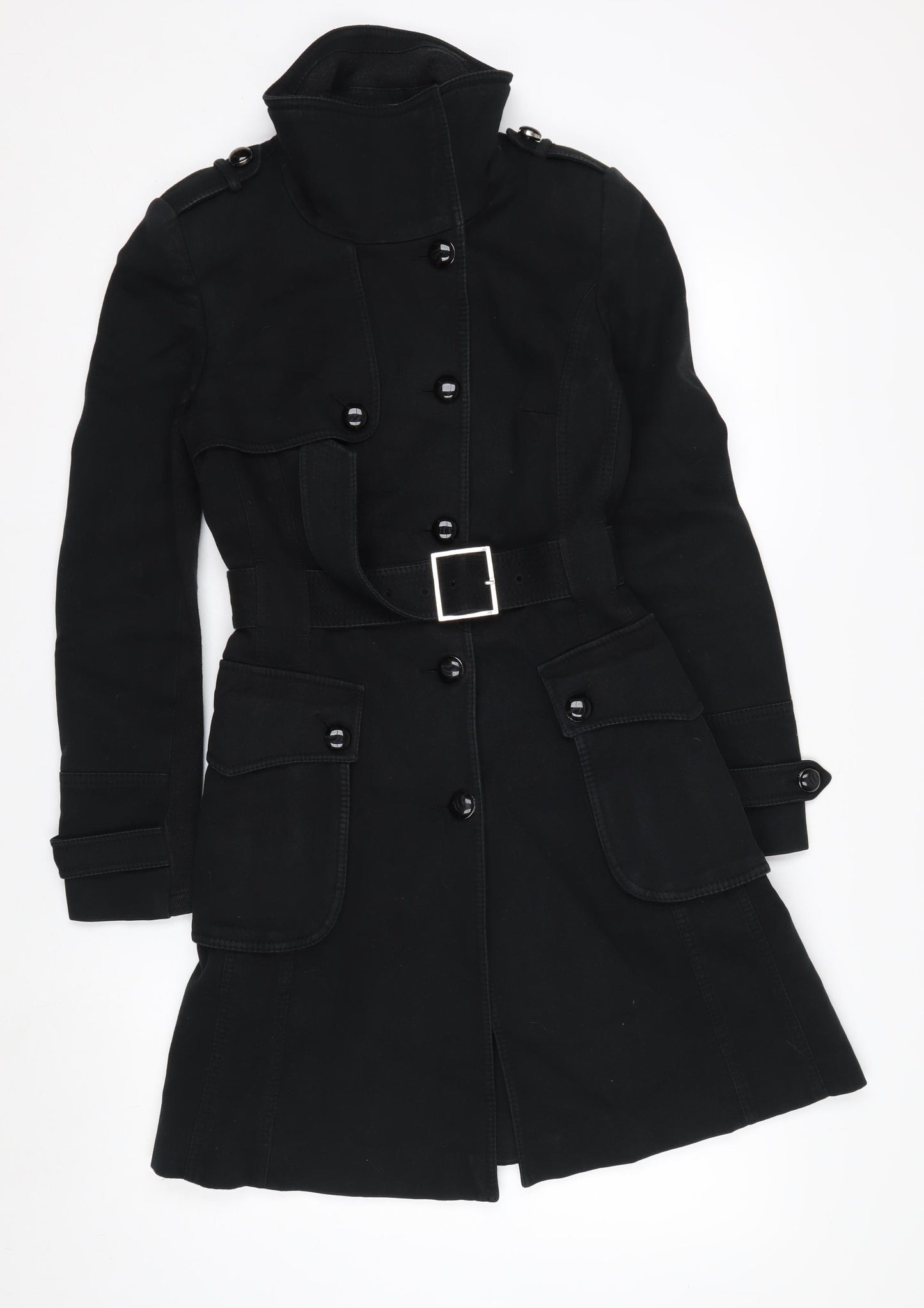 Karen Millen Women's Black Trench Coat Size 10 Belted Long Twill Jacket