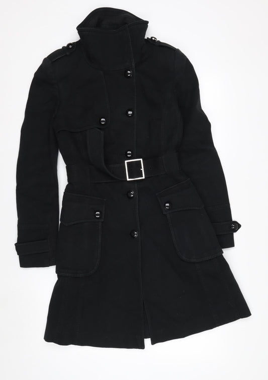 Karen Millen Women's Black Trench Coat Size 10 Belted Long Twill Jacket