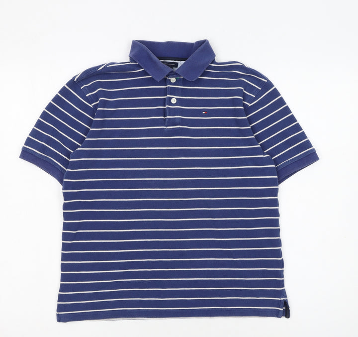 Tommy Hilfiger Boys Blue Striped Cotton Polo Shirt L 12-14 Years