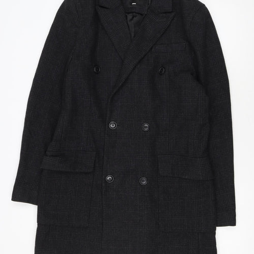 Burton Menswear London Men's Black Wool Blend Check Pea Coat Medium