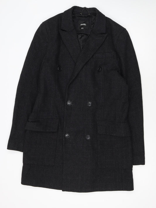 Burton Menswear London Men's Black Wool Blend Check Pea Coat Medium