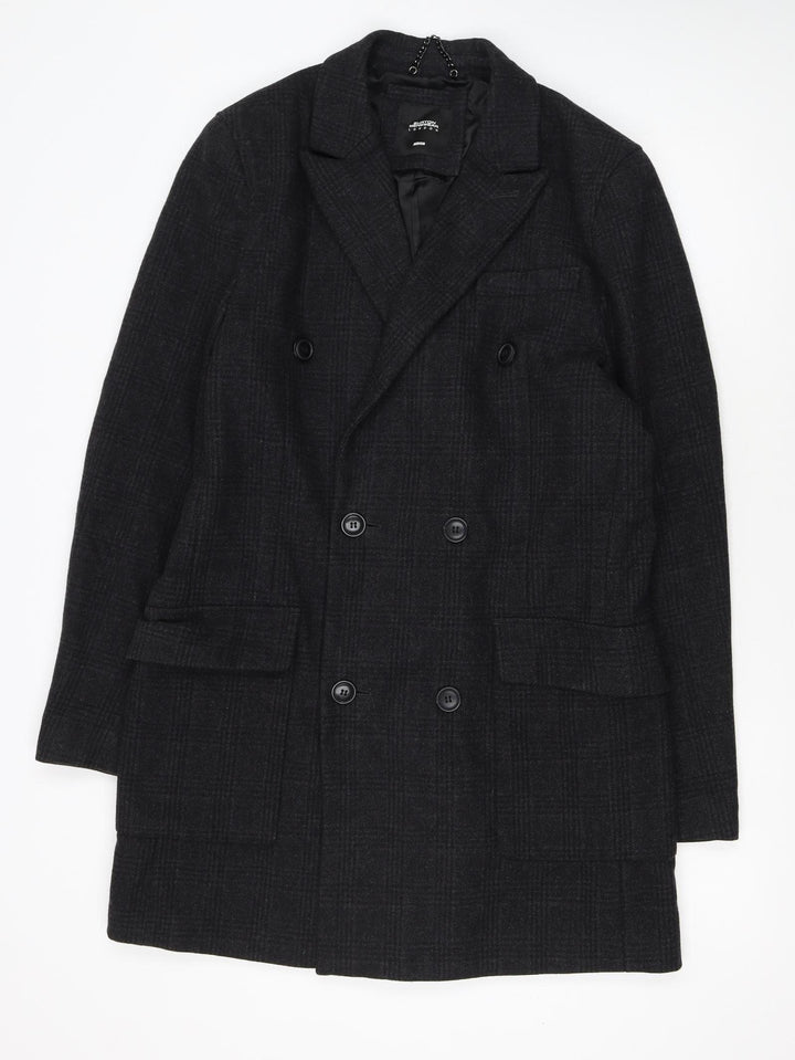 Burton Menswear London Men's Black Wool Blend Check Pea Coat Medium