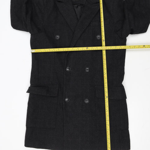 Burton Menswear London Men's Black Wool Blend Check Pea Coat Medium