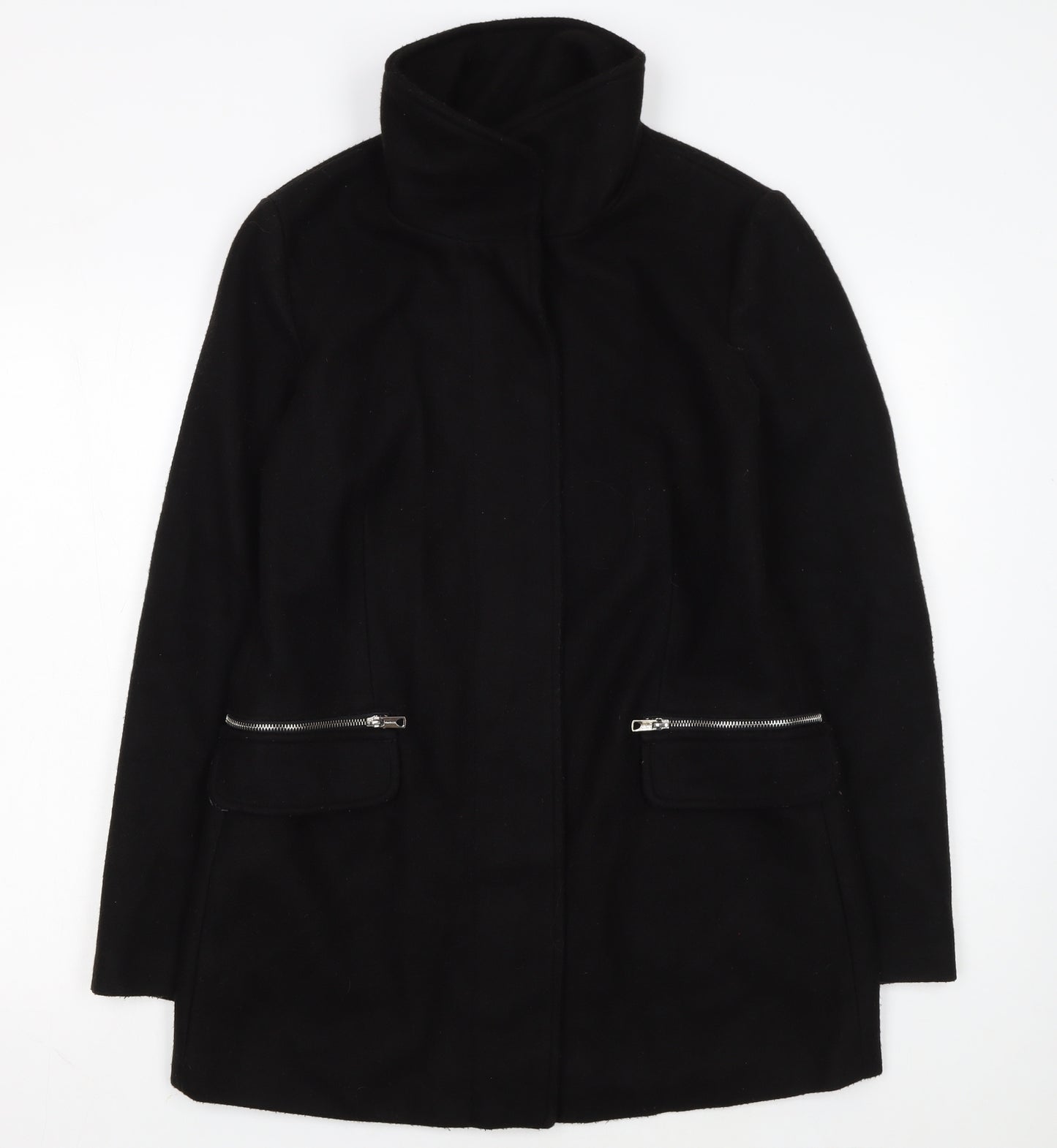Bershka Women's Black Wool Blend Zip Pocket Mid-Length Coat Size 14