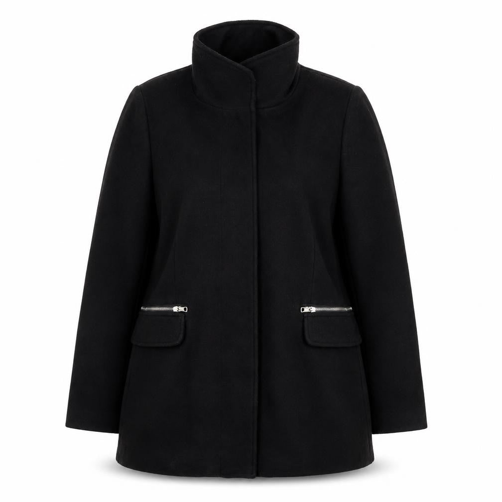 Front view of Bershka Women's Black Wool Blend Zip Pocket Mid-Length Coat, size 14
