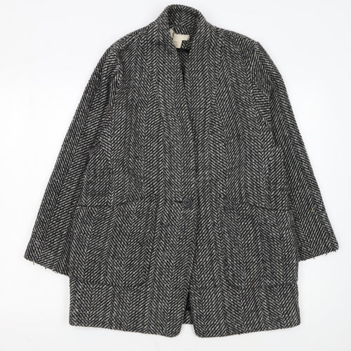 H&M Women Grey Herringbone Wool Blend Mid-Length Coat Size 12