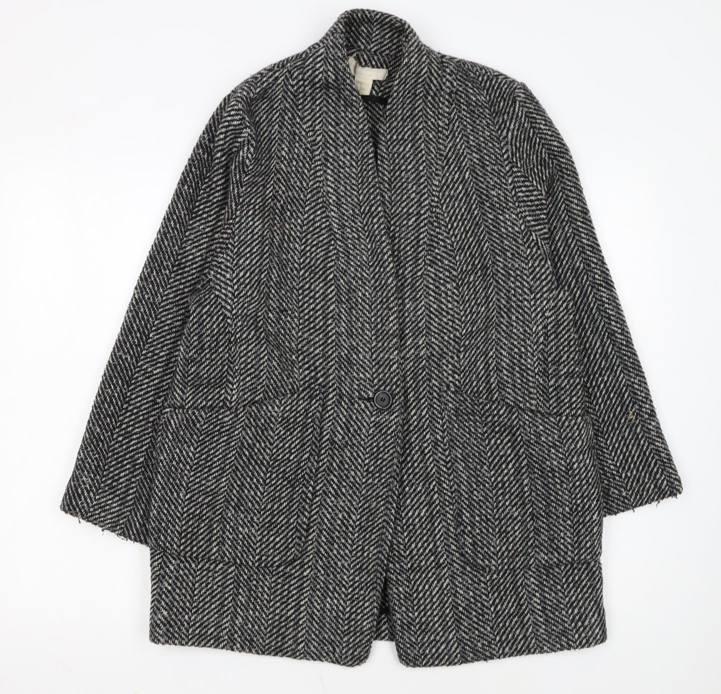 H&M Women Grey Herringbone Wool Blend Mid-Length Coat Size 12
