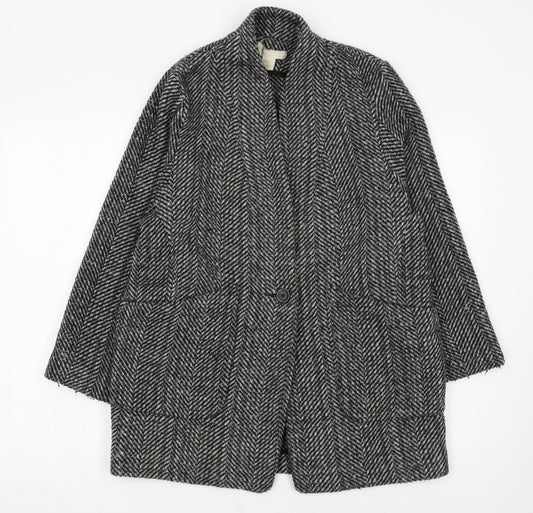 H&M Women Grey Herringbone Wool Blend Mid-Length Coat Size 12