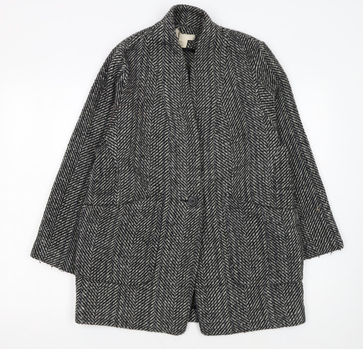 H&M Women Grey Herringbone Wool Blend Mid-Length Coat Size 12