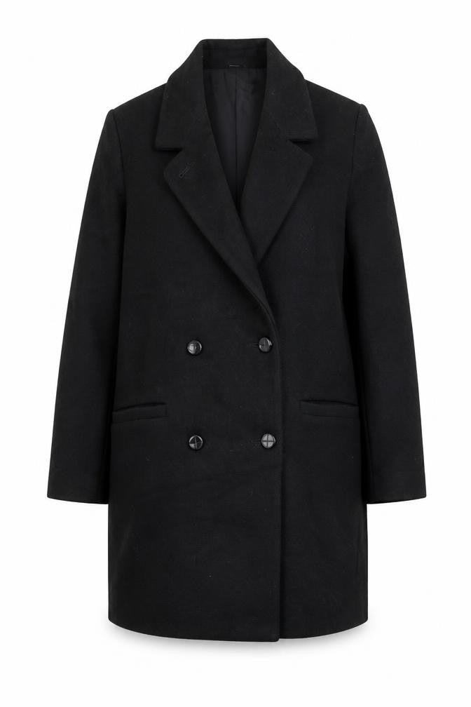 Front view of Forecaster of Boston Women's Black Wool Blend Long Overcoat, size 8