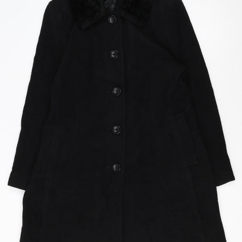 Noveltli Girls Black Wool & Cashmere Mid-Length Coat Age 11/12 Lined Fur Collar