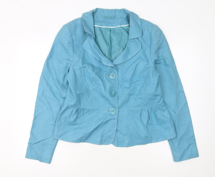 F&F Women Blue Linen Single-Breasted Blazer Jacket Size 16