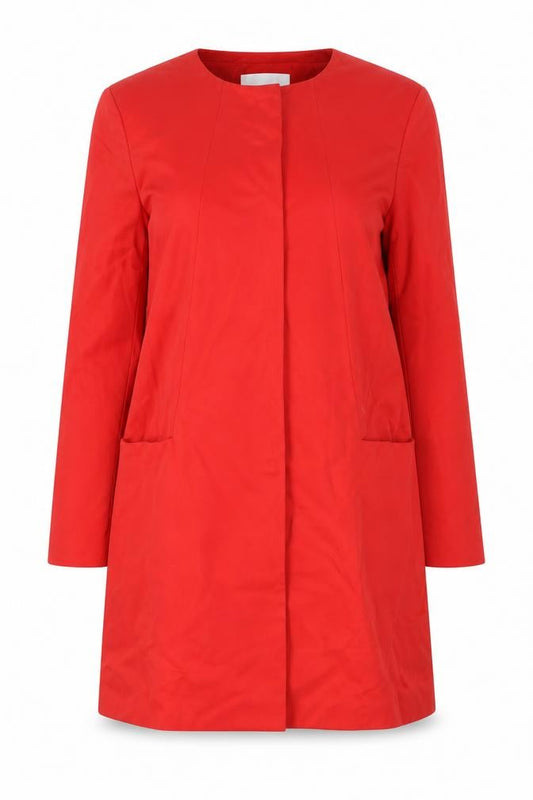 Front view of L.K. Bennett Women's Red Cotton Blend Collarless Mid-Length Coat, size 14