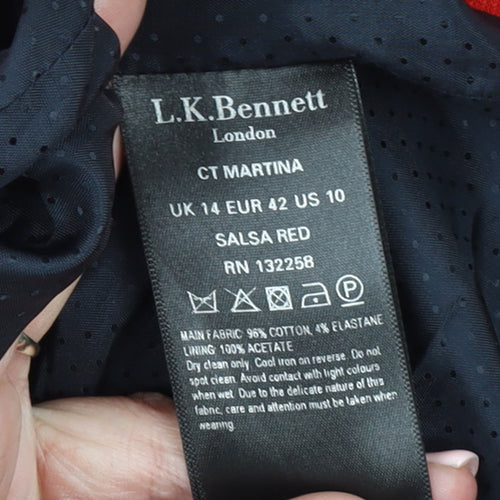 L.K. Bennett Women's Red Cotton Blend Collarless Mid-Length Coat Size 14