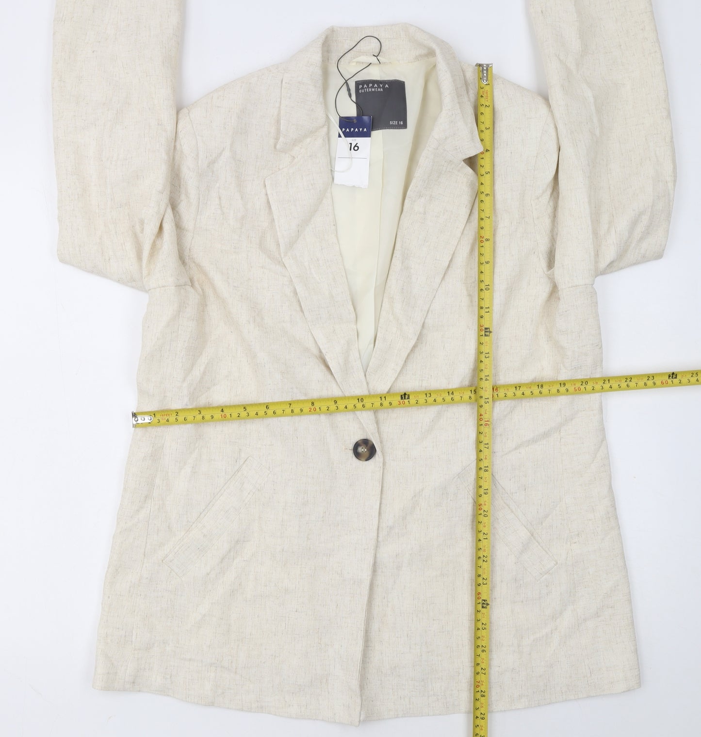 Papaya Women Beige Single-Breasted Blazer Size 16 Linen Blend